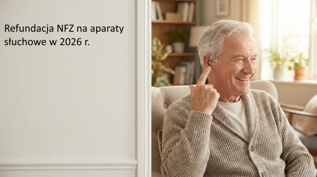 Mężczyzna z aparatem słuchowym w domu.